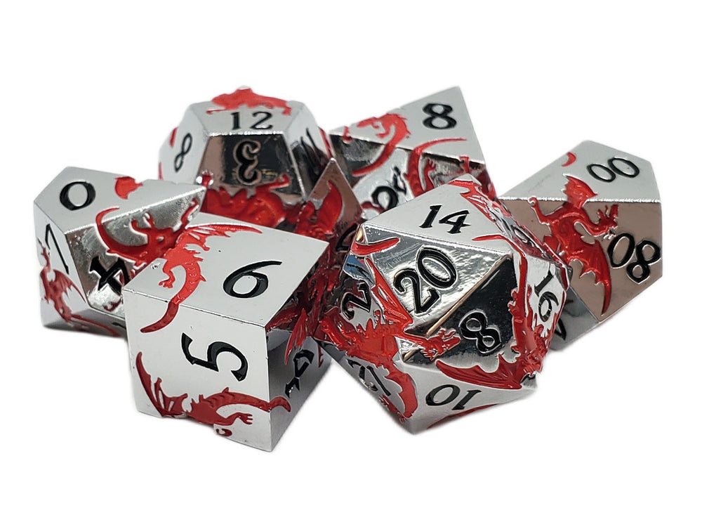Old School 7 Piece DnD RPG Metal Dice Set: Soaring Dragon - Silver w/ Red
