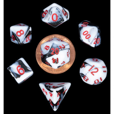 Mini Polyhedral Dice Set: Marble with Red Numbers