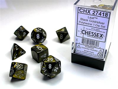 7ct Leaf Poly Dice Set, Black and Gold with Silver Text