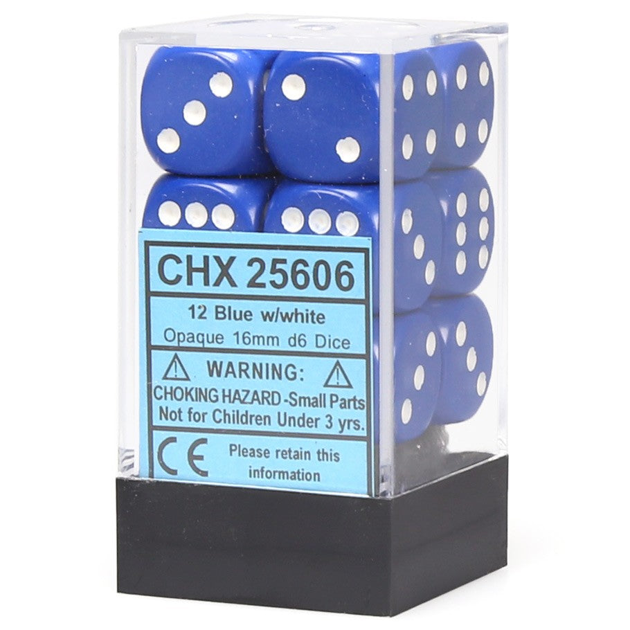 Dice 12ct D6 16MM Blue With White Text