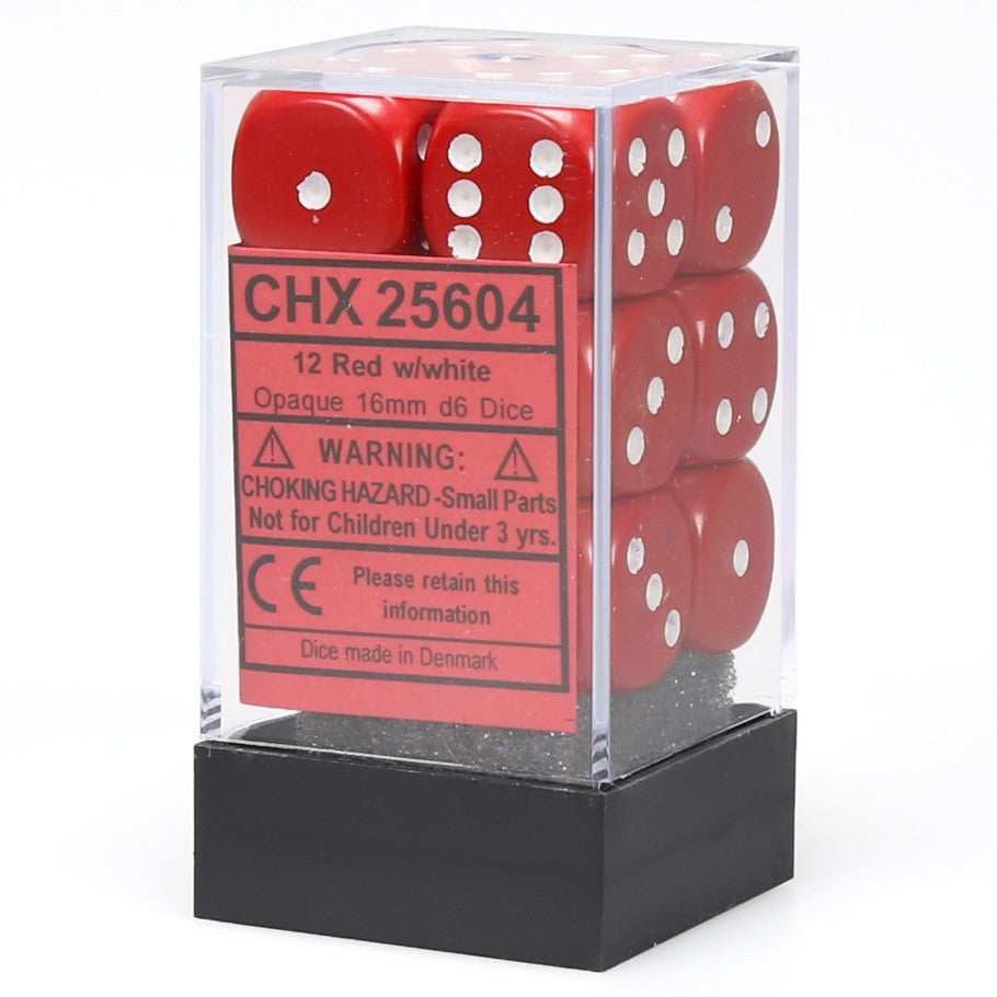 Dice 12ct D6 16MM Red With White Text