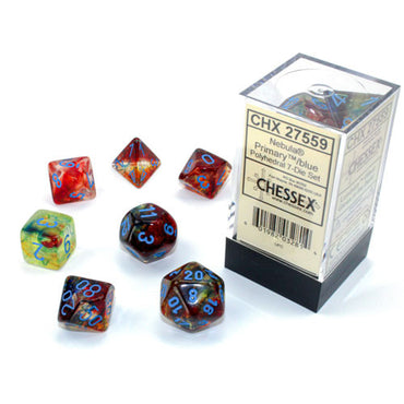 Dice 7ct Polyhedral Nebula Primary With Blue Text