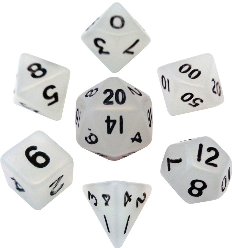 Mini Polyhedral Dice Set: Glow Clear with Black Numbers