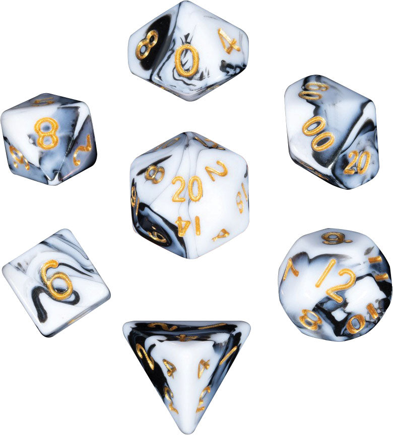 Mini Polyhedral Dice Set: Marble with Gold Numbers