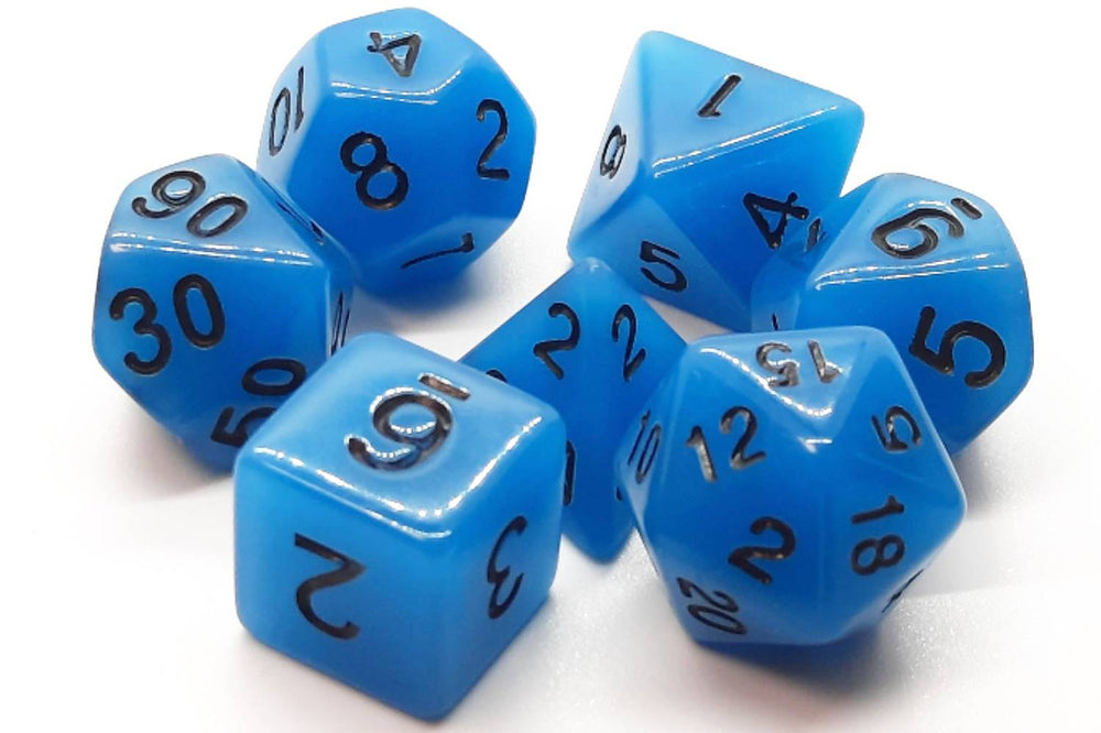 Old School 7 Piece DnD RPG Dice Set: Glow Dice - Blue