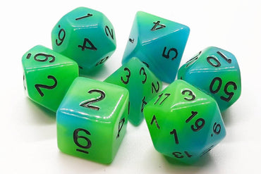 Old School 7 Piece DnD RPG Dice Set: Glow Dice - Green & Blue