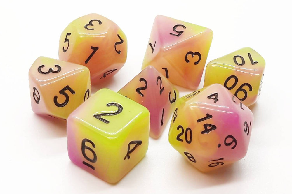 Old School 7 Piece DnD RPG Dice Set: Glow Dice - Yellow & Purple