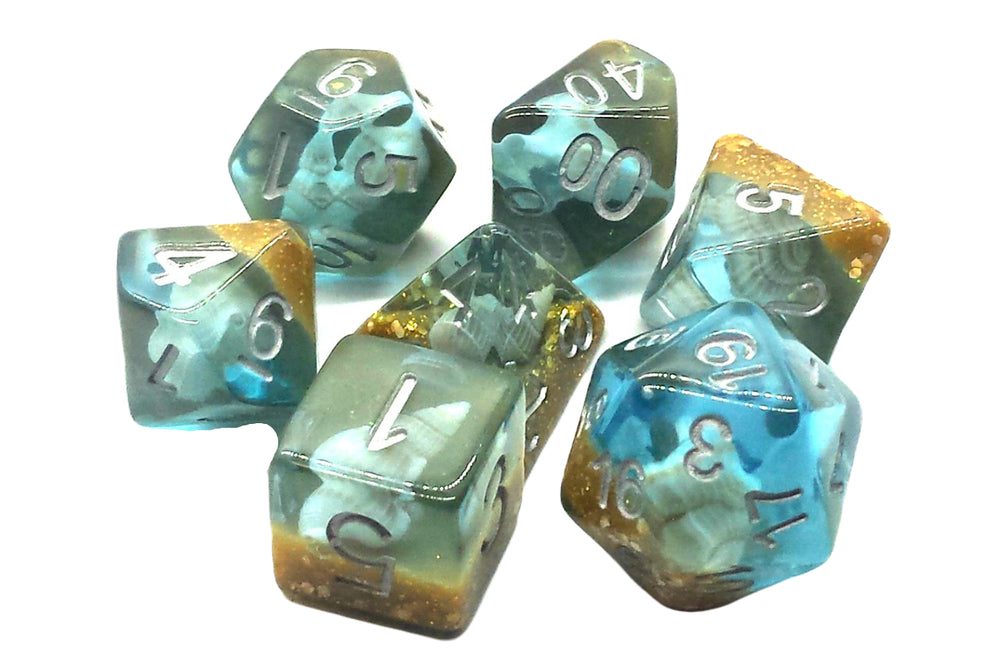 Old School 7 Piece DnD RPG Dice Set: Infused - Beach Party - Sunken Treasure