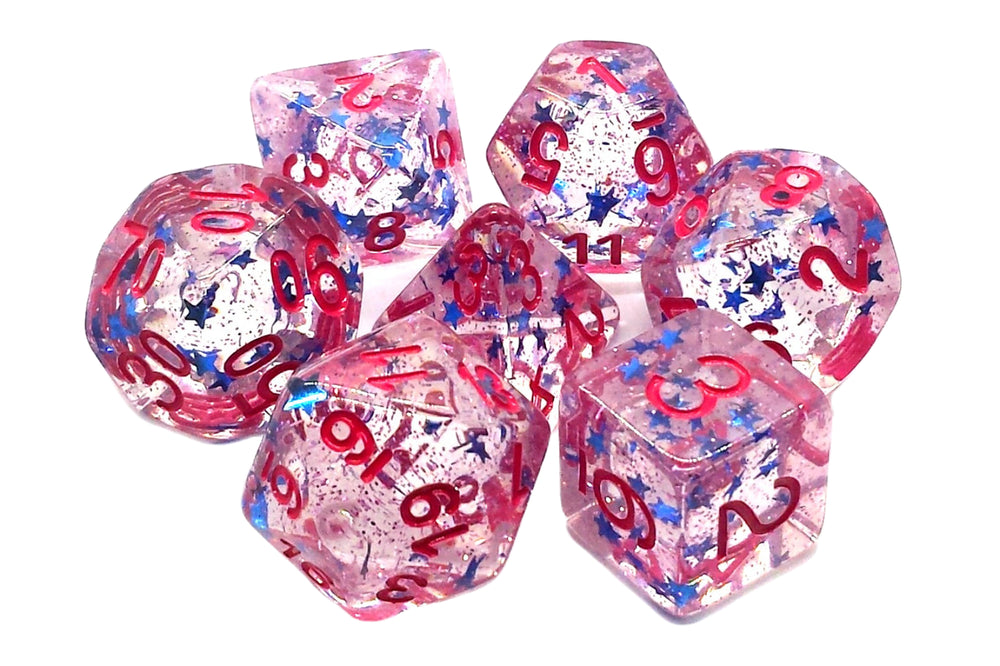 Old School 7 Piece DnD RPG Dice Set: Infused - Blue Stars w/ Red