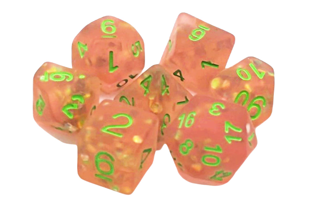 Old School 7 Piece DnD RPG Dice Set: Infused - Frosted Firefly - Pink w/ Green
