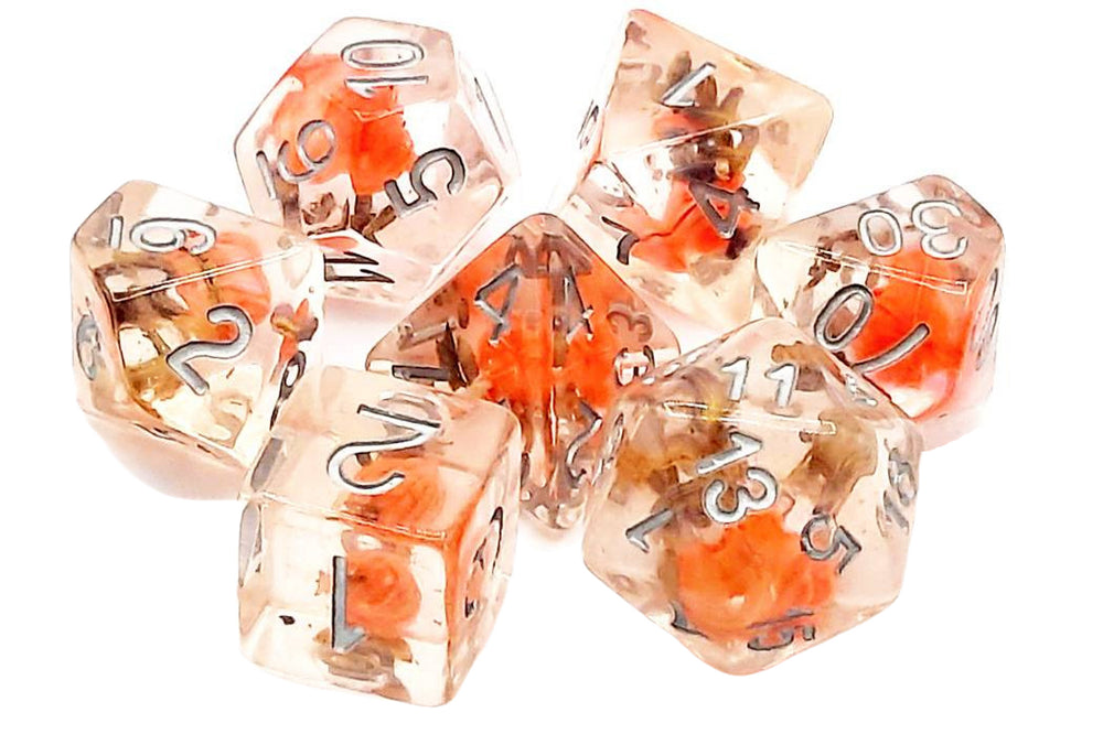 Old School 7 Piece DnD RPG Dice Set: Infused - Orange Flower