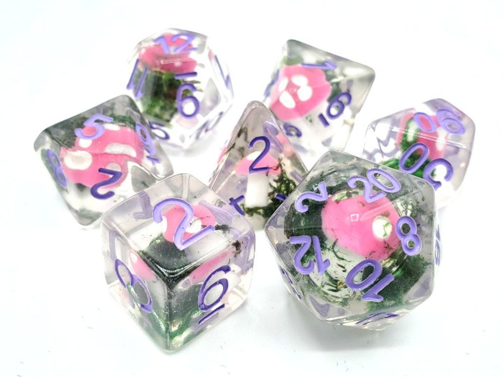 Old School 7 Piece DnD RPG Dice Set: Infused - Pink Shrooms