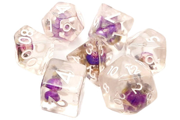 Old School 7 Piece DnD RPG Dice Set: Infused - Purple Flower - New