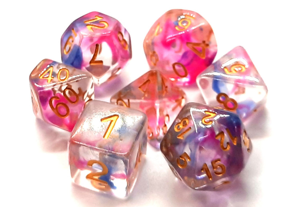 Old School 7 Piece DnD RPG Dice Set: Nebula - Rose Red & Blue