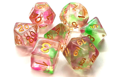 Old School 7 Piece DnD RPG Dice Set: Nebula - Rose Red & Green