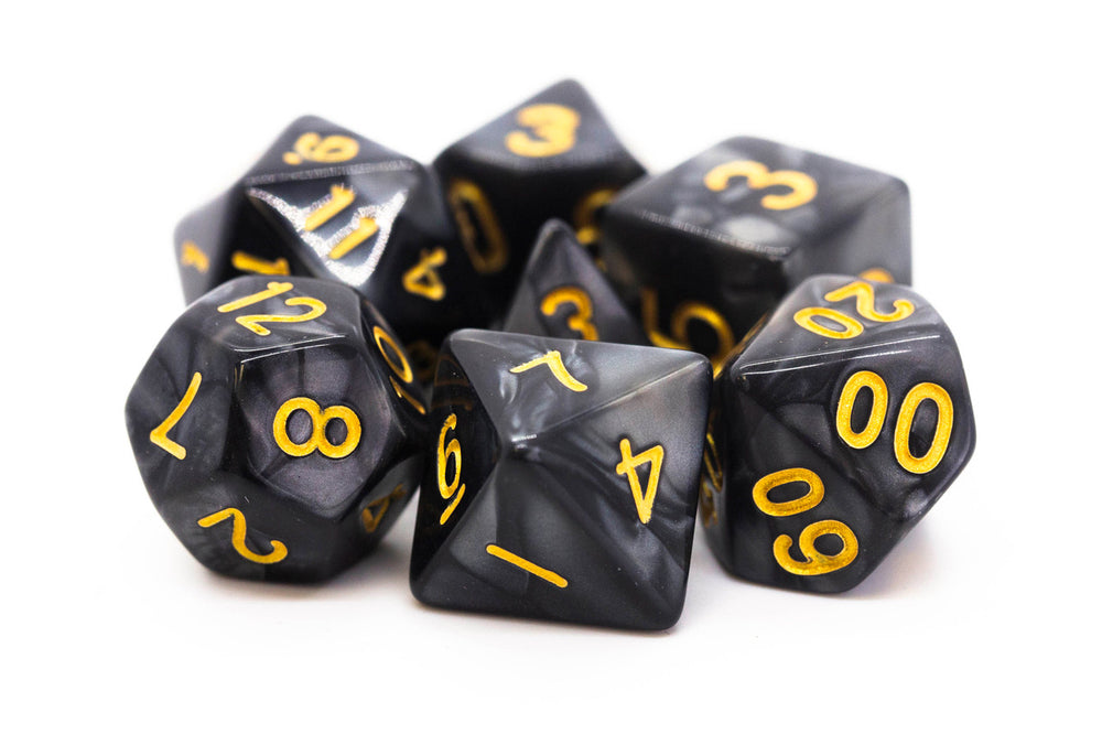 Old School 7 Piece DnD RPG Dice Set: Pearl Drop - Black w / Gold