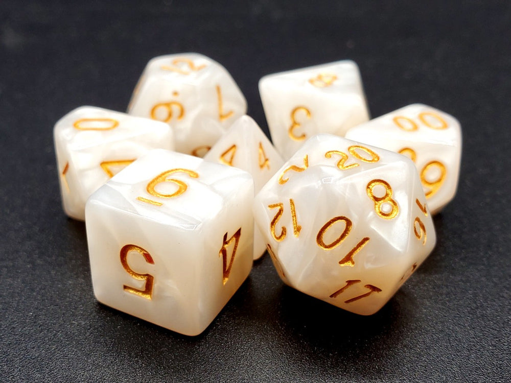 Old School 7 Piece DnD RPG Dice Set: Pearl Drop - White w/ Gold