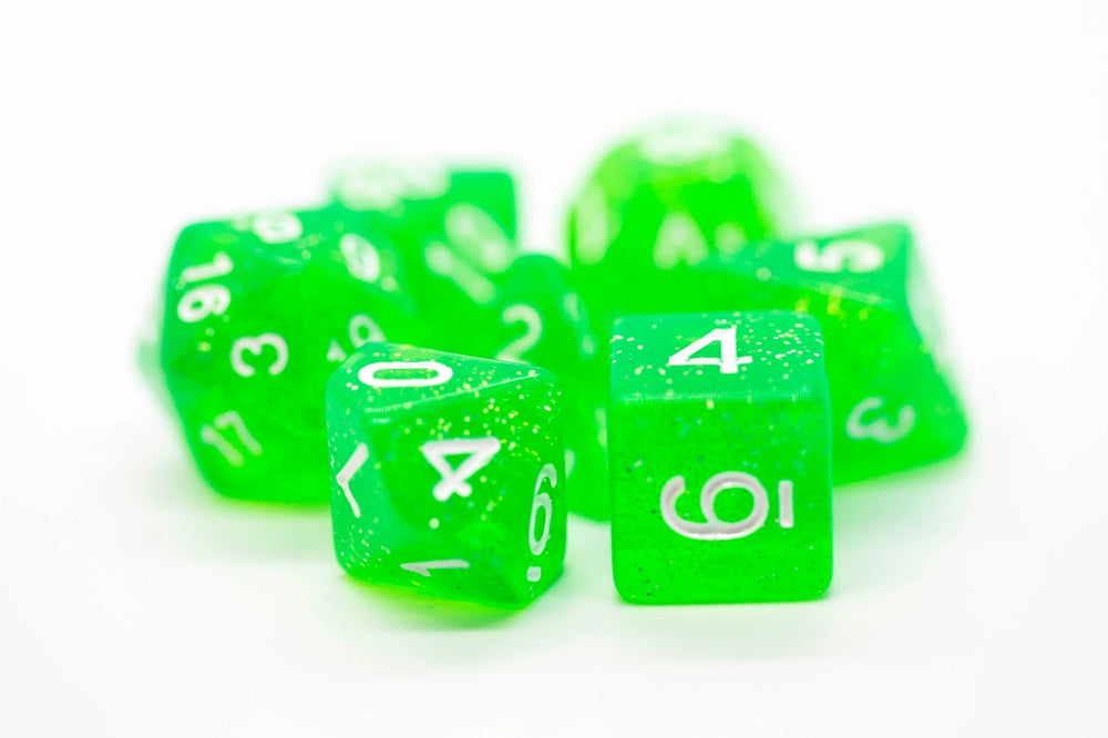 Old School 7 Piece DnD RPG Dice Set: Sparkle - Translucent Light Green