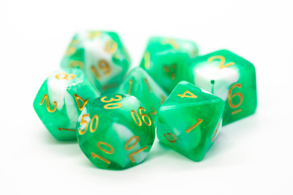 Old School 7 Piece DnD RPG Dice Set: Vorpal - Cyan & White w/ Gold