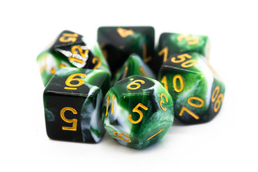 Old School 7 Piece DnD RPG Dice Set: Vorpal - Green & White w/ Gold