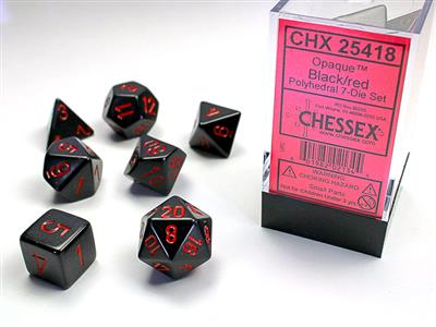 Dice 7ct Polyhedral Opaque Black With Red Text