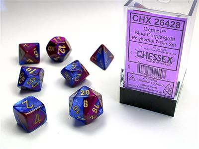 Dice 7ct Polyhedral Gemini Blue-Purple With Gold Text