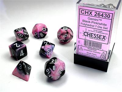 Dice 7ct Polyhedral Gemini Black-Pink With White Text