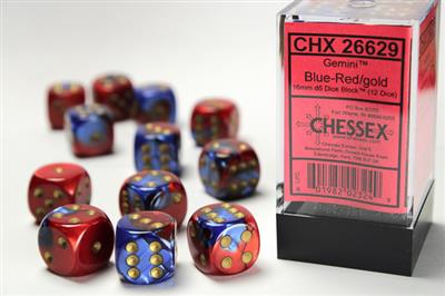Dice 12ct D6 16MM Gemini Blue-Red With Gold Text