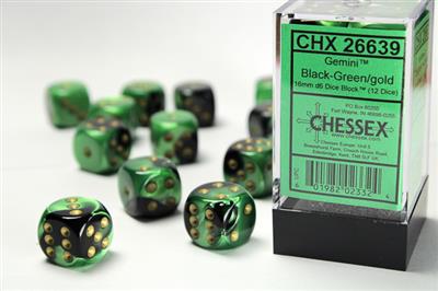 Dice 12ct D6 16MM Gemini Black-Green With Gold Text