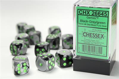 Dice 12ct D6 16MM Gemini Black-Grey With Green Text