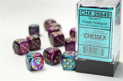 Dice 12ct D6 16MM Gemini Purple-Teal With Gold Text