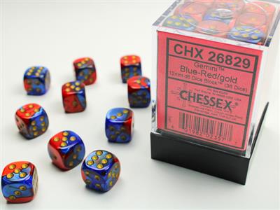 Dice 36ct D6 12MM Gemini Blue-Red With Gold Text