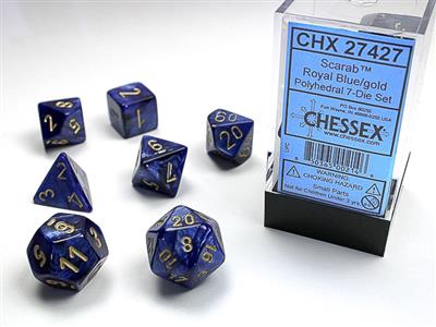 Dice 7ct Polyhedral Scarab Royal Blue With Gold Text