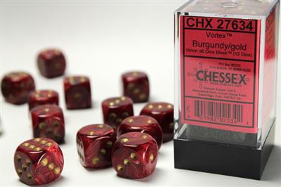 Dice 12ct D6 16MM Vortex Burgundy With Gold Text